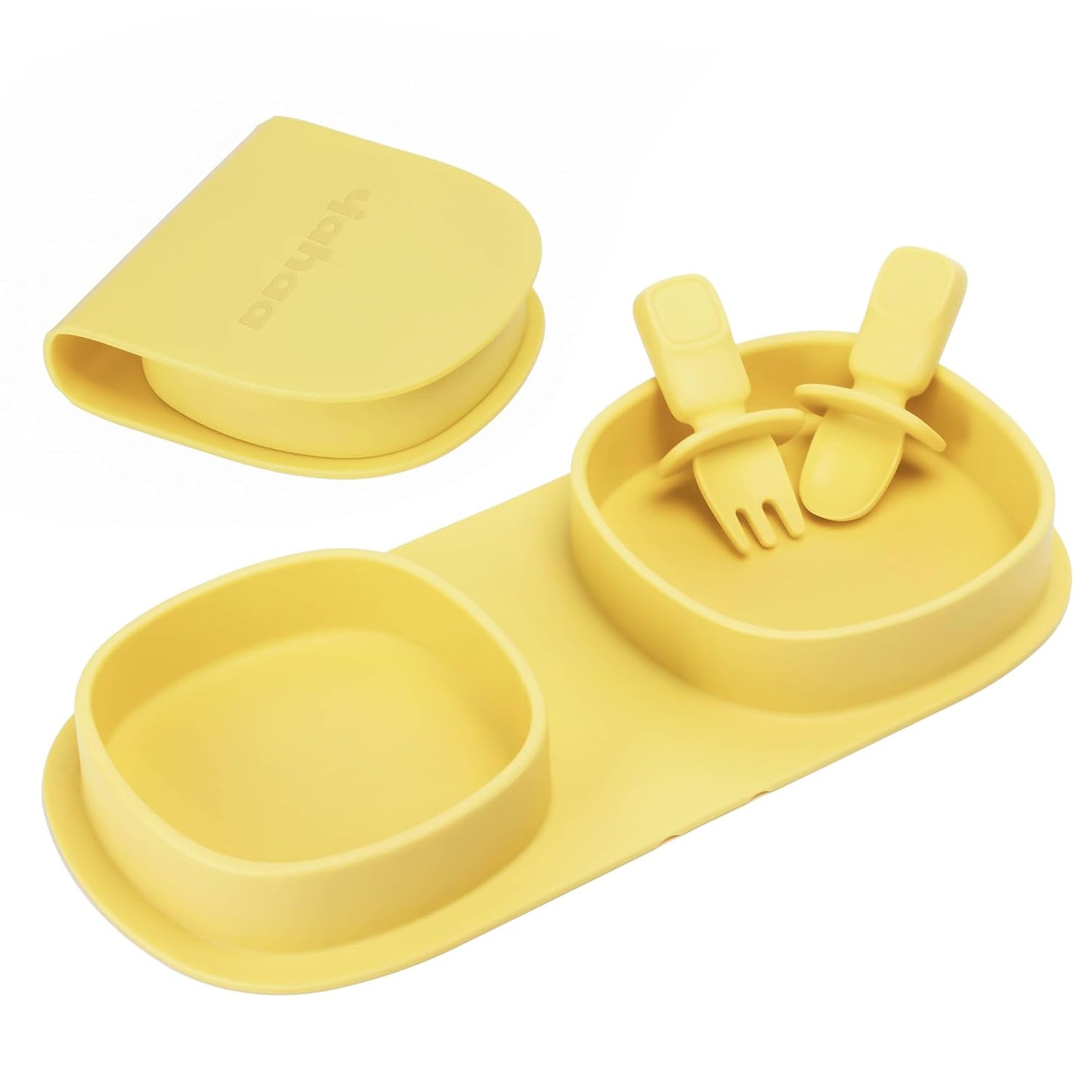 Baby Plates with Suction with Forks and Spoons, Foldable Silicone Toddler Plates, Baby Travel Essential, Microwave & Dishwasher Safe, Purple