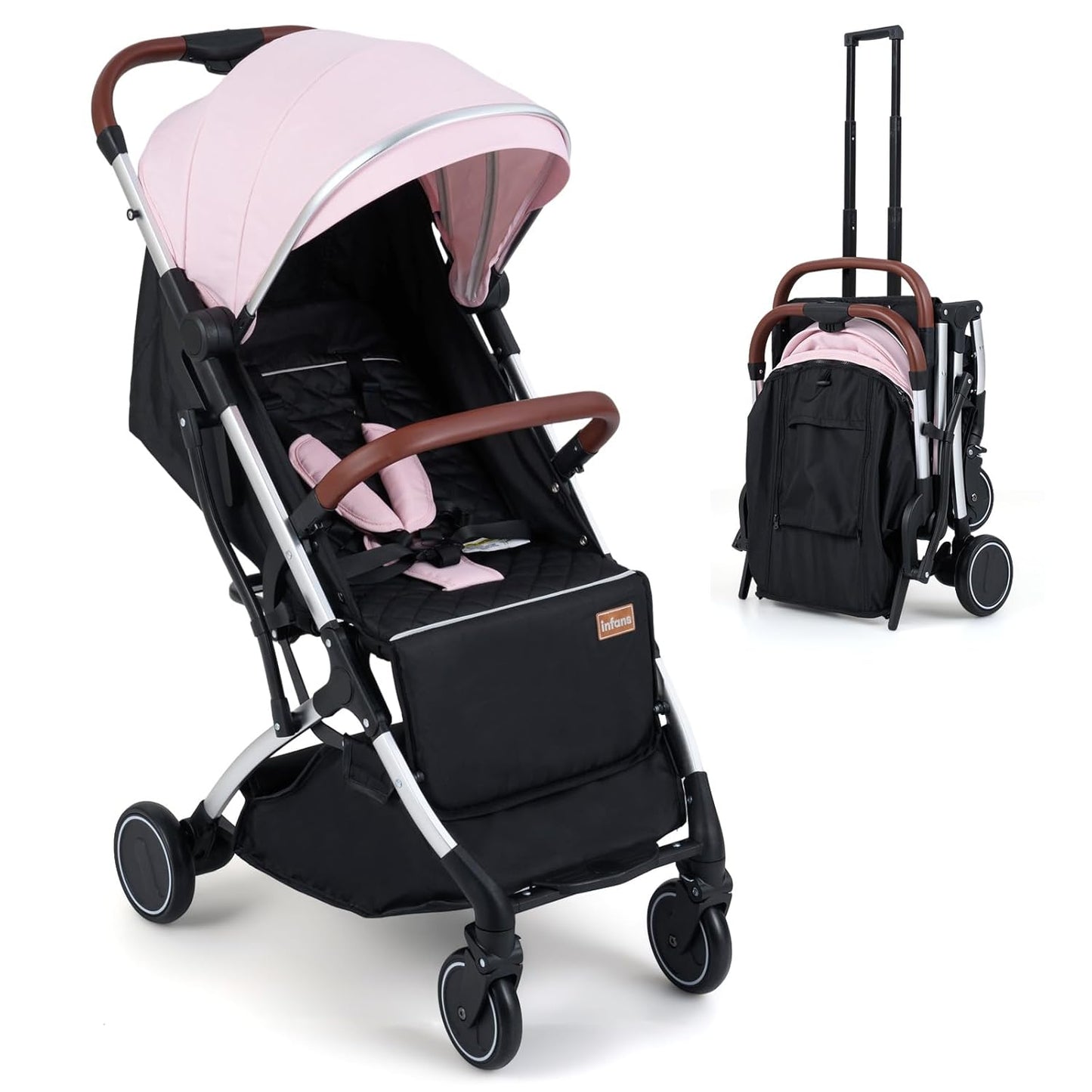 INFANS Travel Stroller, Lightweight Compact Baby Stroller for Airplane with One-Hand Fold, Multi-Position Recline, Canopy, 4 Wheel Suspension, Storage Basket (Grey+Black)