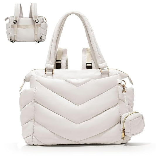 Diaper Bag Tote, Diaper Bag Backpack,Puffer Tote Bag with Pacifier Case, Lightweight Mommy for Hospital, Puffy with 10 Pockets, Convertible Baby for Travel,Beige