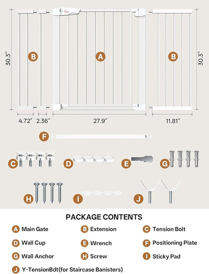Baby Gate for Indoor Stairs & Doorways: Wide Expandable 27.9-46.8" Metal Safety Gate - Toddler Pets 30" Tall Dog Gate with Easy Install Pressure Mount Dual Lock & 2-Way Swing, White.