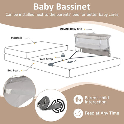 INFANS Over Bed Bassinet for Baby, Bedside Sleeper with Lowering Wall for Easy Access, Safe Close Sleeping, Adjustable Height, Storage, Newborn Infant Girls Boys (White)