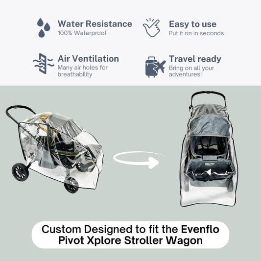 SASHA'S Rain and Wind Cover for Evenflo Pivot Xplore All-Terrain Stroller Wagon, Clear Design, Ventilation Holes, Maximum Coverage (Stroller not Included) Made in USA