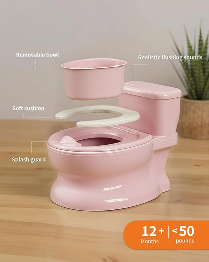 Realistic Potty Training Toilet - Flushing Sounds, Wipes Storage, Disposable Liners, Easy to Clean for Toddler Boys and Girls (Pink)