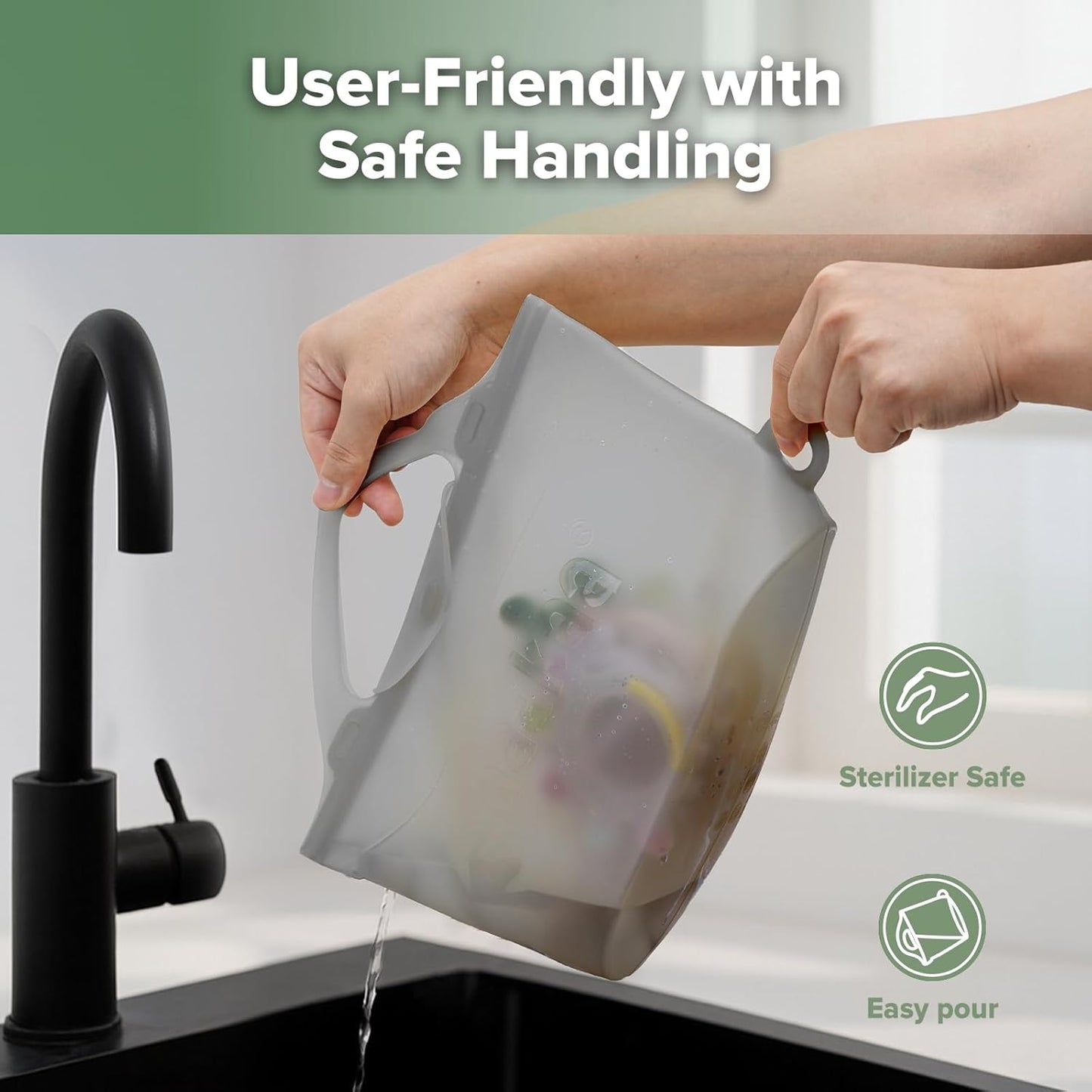 Haakaa On-The-Go Silicone Microwave Steam Sterilizer Bags for Travel, 40oz/1250ml Reusable Silicone Steaming Bags for Baby Bottles, Breast Pump, Accessories, Pacifiers, Teethers,Grey/1PC