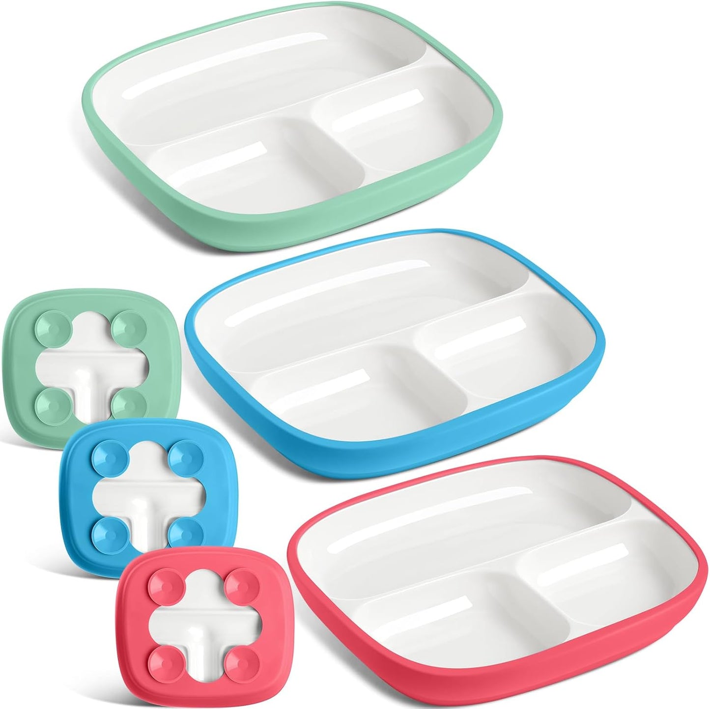 Domensi Kids Porcelain Plates with Silicone Sleeves 8.2 Inch Divided Porcelain Plate Toddler White Suction Dishes for Baby Troubleless Eating Microwave Dishwasher Safe(Stylish,3 Set)