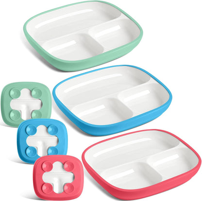 Domensi Kids Porcelain Plates with Silicone Sleeves 8.2 Inch Divided Porcelain Plate Toddler White Suction Dishes for Baby Troubleless Eating Microwave Dishwasher Safe(Stylish,3 Set)