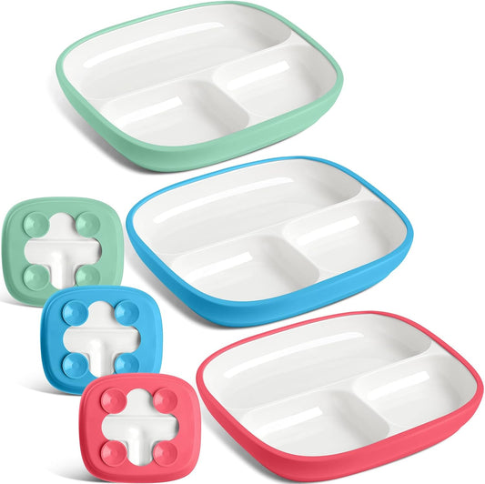 Domensi Kids Porcelain Plates with Silicone Sleeves 8.2 Inch Divided Porcelain Plate Toddler White Suction Dishes for Baby Troubleless Eating Microwave Dishwasher Safe(Stylish,3 Set)