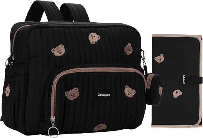 GOBABYMART Diaper Bag Backpack, Medium Maternity baby bag & Changing Pad, Insulated Pockets, Stroller Straps & Pacifier Case (Medium - Black Bears)