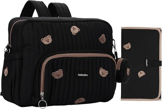GOBABYMART Diaper Bag Backpack, Medium Maternity baby bag & Changing Pad, Insulated Pockets, Stroller Straps & Pacifier Case (Medium - Black Bears)
