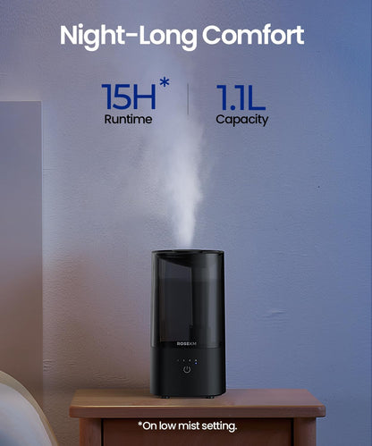 ROSEKM Humidifiers for Bedroom, 2.0L Cool Mist Humidifier for Home Plant and Baby Nursery, Quiet Ultrasonic Humidifier with 360° Nozzle, Auto Shut-Off, Filterless, Black