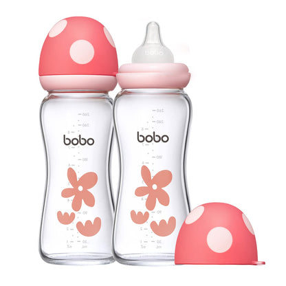 YOHKOH Natural Glass Baby Bottle with Level 1 Slow Flow Nipple, Newborn Anti-Colic Baby Bottles, Wide Neck Mushroom Baby Glass Bottle (Multicolour-A, 3.4oz (Pack of 4))
