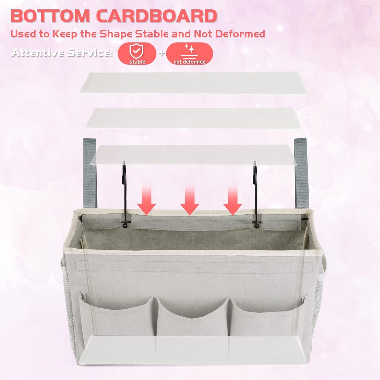 Loghot Bedside Caddy/Bedside Storage Bag Hanging Organizer for Bunk and Hospital Beds,Dorm Rooms Bed Rails,Can be Placed Glasses,Books,Mobile Phones,Keys (White)