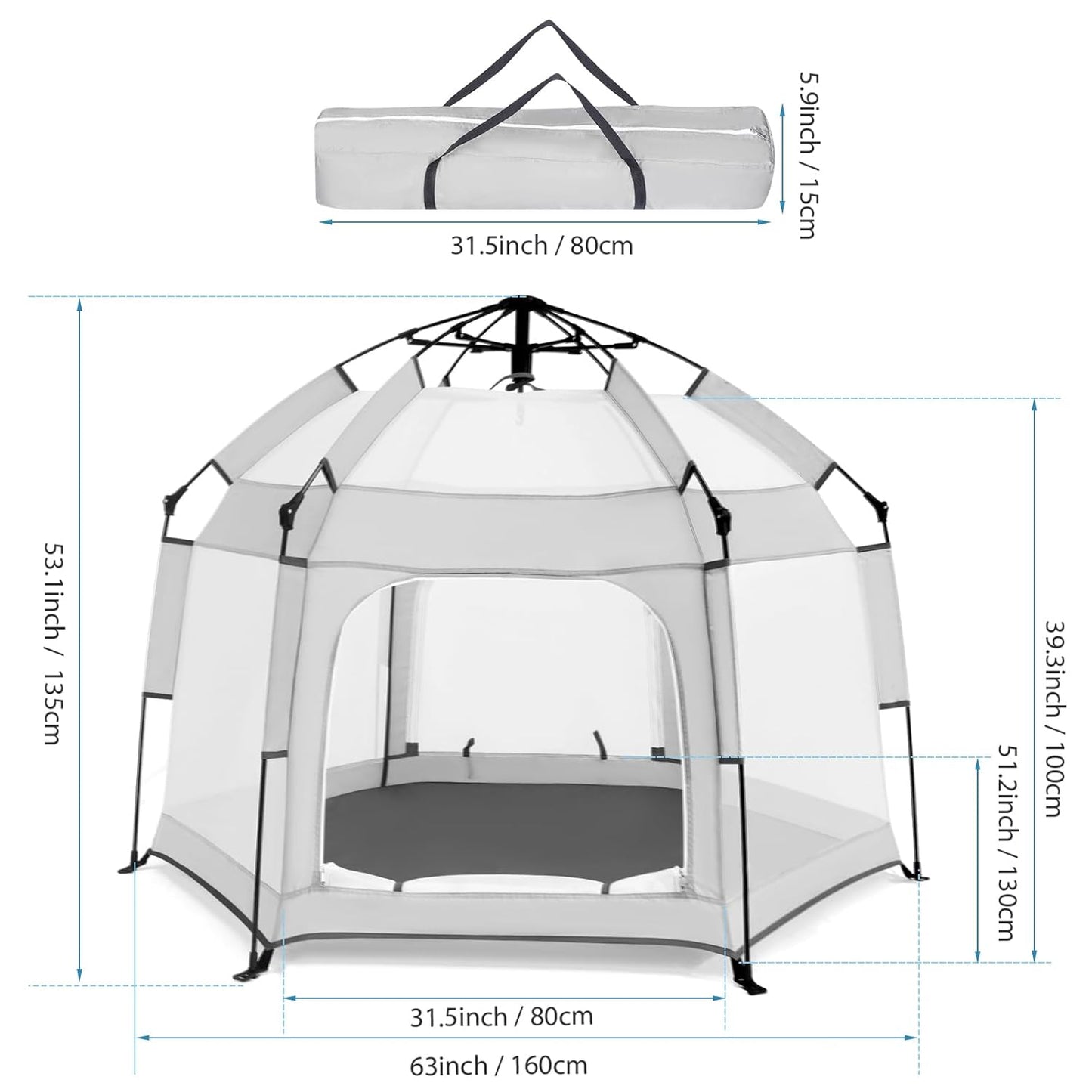 Bend River Baby Playpen with Canopy, Portable Baby Beach Tent, Toddler Play Yard Indoor and Outdoor, Foldable Mosquito Net for Infant - Grey