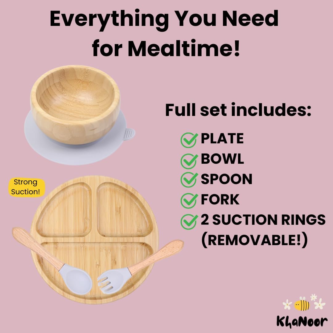 Bamboo Toddler Plate & Bowl Set with Strong Suction – Includes Plate, Bowl, Spoon & Fork – Baby Plates with Suction for Baby Led Weaning, Kids Feeding Essentials, Non-Toxic & BPA Free