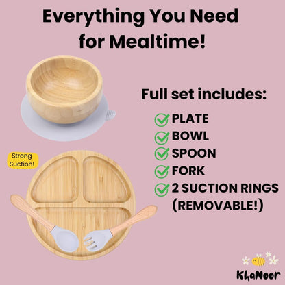 Bamboo Toddler Plate & Bowl Set with Strong Suction – Includes Plate, Bowl, Spoon & Fork – Baby Plates with Suction for Baby Led Weaning, Kids Feeding Essentials, Non-Toxic & BPA Free