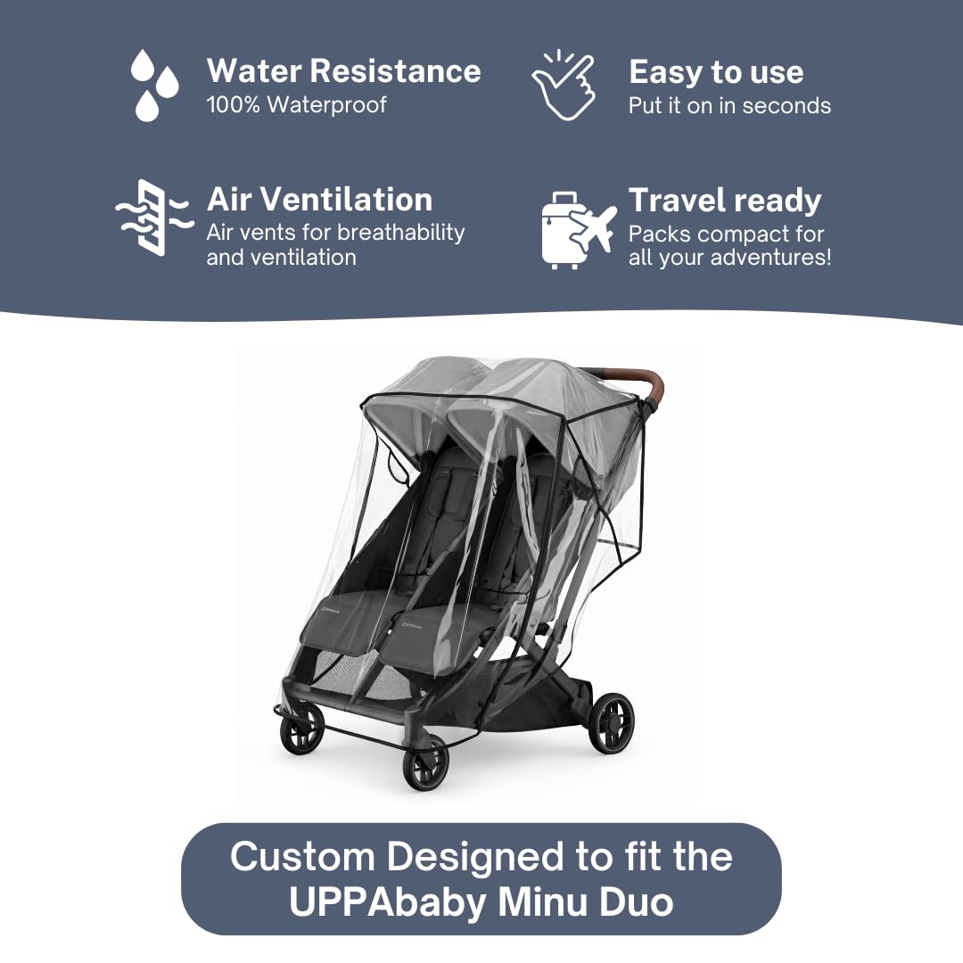 Rain Cover for UPPAbaby Minu Duo by SASHA'S - Ventilation Holes, Zipper Access, Weather Shield, Wind Cover (Stroller Not Included)