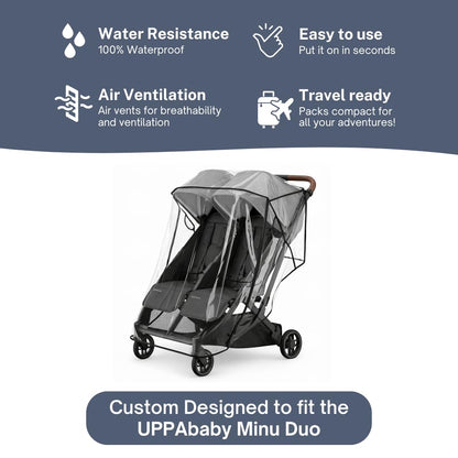 Rain Cover for UPPAbaby Minu Duo by SASHA'S - Ventilation Holes, Zipper Access, Weather Shield, Wind Cover (Stroller Not Included)
