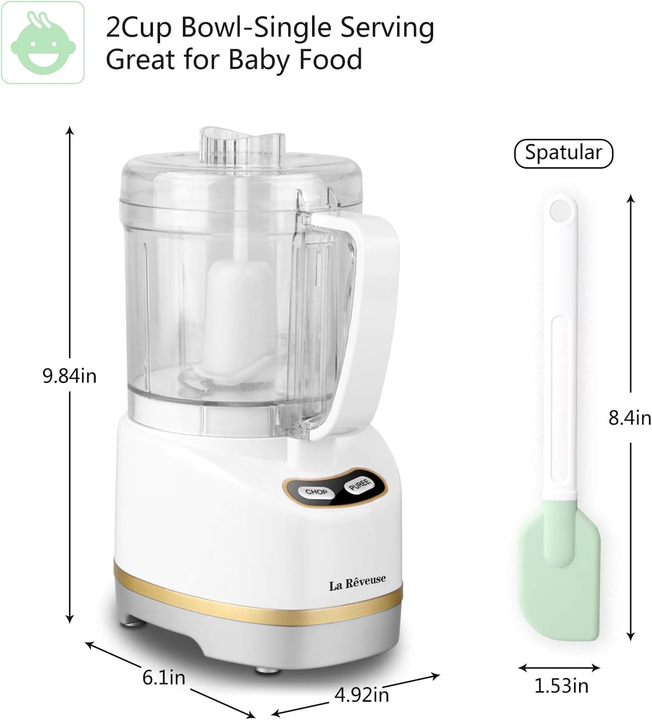 La Reveuse Electric Mini Food Processor with 200 Watts 2-Cup Prep Bowl for Mincing Chopping Grinding Blending Pureeing (Metallic Grey)