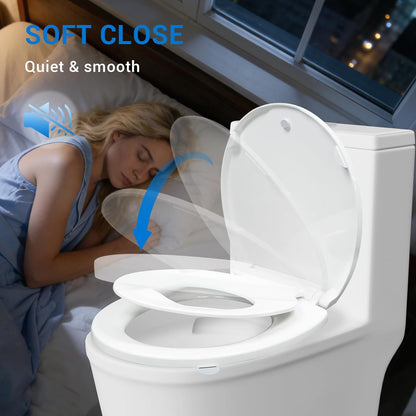 KHE Elongated Toilet Seat with Child Seat 18.5 Inch, Soft Close Toilet Seat with No-Touch Handle, Quick Release, Non-Slip, Durable PP, White