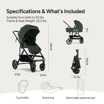 Mompush Baby Stroller, Convertible 2-in-1 with Bassinet Option, Infant Car Seat Compatible, Includes Adapter - Sturdy Full-Size Infant Stroller for Family Adventures