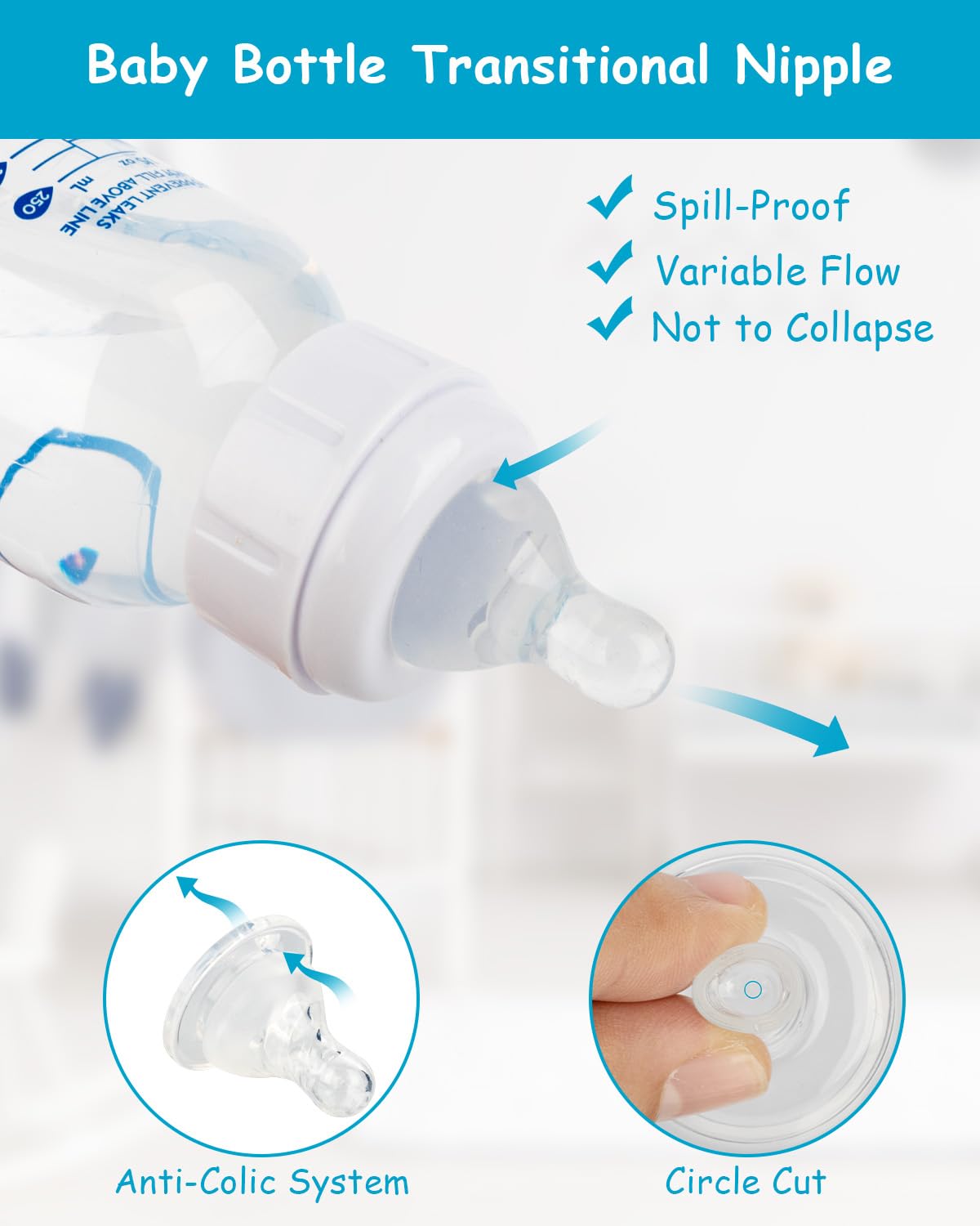 Silicone Nipple for Dr. Brown’s Natural Flow Level 2 Narrow Baby Bottle, Medium Flow, 3m+, 5 Count