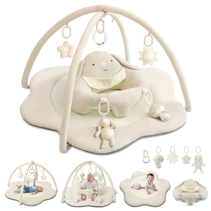 3-in-1 Baby Play Mat, Baby Seats for Infants for Sitting Up, Tummy Time Mat with 5 Detachable Toys, Activity Gym & Playmats for Babies 0-6 6-12 Months, Newborn Babies Shower Gifts