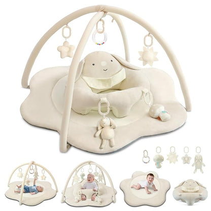 3-in-1 Baby Play Mat, Baby Seats for Infants for Sitting Up, Tummy Time Mat with 5 Detachable Toys, Activity Gym & Playmats for Babies 0-6 6-12 Months, Newborn Babies Shower Gifts