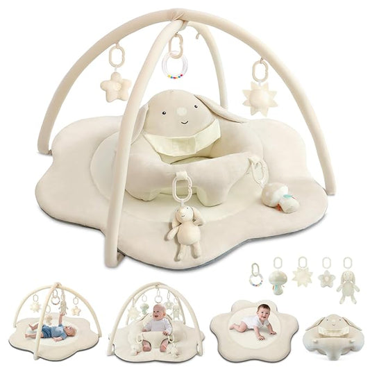 3-in-1 Baby Play Mat, Baby Seats for Infants for Sitting Up, Tummy Time Mat with 5 Detachable Toys, Activity Gym & Playmats for Babies 0-6 6-12 Months, Newborn Babies Shower Gifts