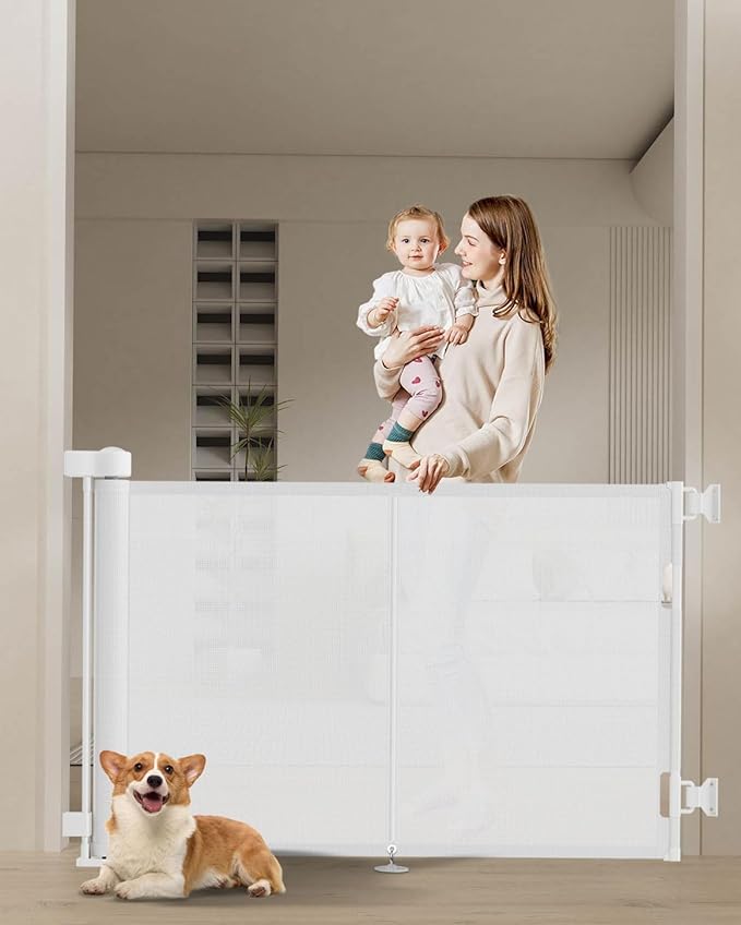 Miumoon 59 inch Retractable Baby Gates 34 inch Tall, Retractable Gate with Reinforced Strip Design to Prevent Crawling Through, 5 FT Retractable Dog Gate for Stairs, Doorways, Hallways, Indoor/Outdoor
