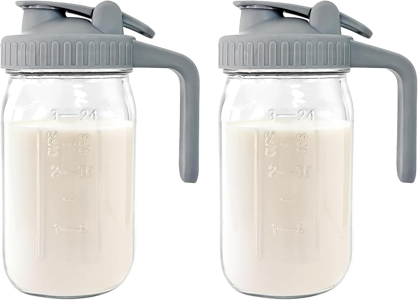 JunVpic Breast Milk Pitcher - 32 oz Glass Mason Jar with Dual Leak-Proof Design, Airtight Seal, Pour Spout & Handle, Storage Container for Breastmilk, Iced Tea & Ice Drinks（Gray）