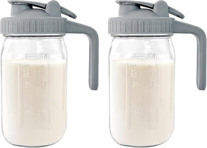 JunVpic Breast Milk Pitcher - 32 oz Glass Mason Jar with Dual Leak-Proof Design, Airtight Seal, Pour Spout & Handle, Storage Container for Breastmilk, Iced Tea & Ice Drinks（Gray）