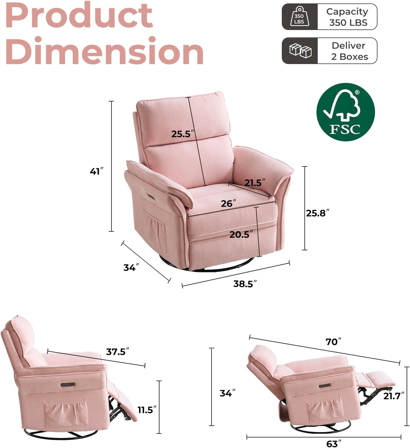 Oversized Glider Rocker Recliner, 26" Extra Wide 360° Swivel Nursery Recliner with Adjustable Headrest, Chenille Rocking Nursery Chair with Overstuffed Armrest, Lumbar Support, Light Grey