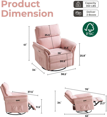 Oversized Glider Rocker Recliner, 26" Extra Wide 360° Swivel Nursery Recliner with Adjustable Headrest, Chenille Rocking Nursery Chair with Overstuffed Armrest, Lumbar Support, Light Grey