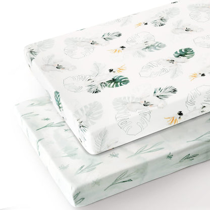 GRSSDER Stretch Ultra Soft Jersey Knit Fitted Pack n Play Playard Sheets Set 2 Pack，Fits Portable/Mini Cribs Sheets, Playards Mattress Pads, Stylish Watercolor Animals for Baby, Mint Green