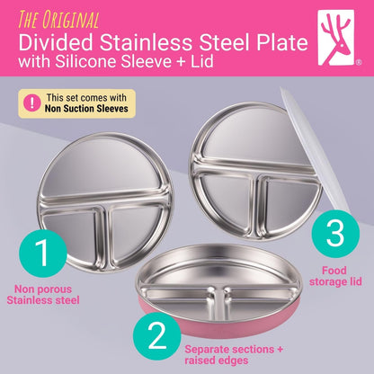 Elk and Friends Stainless Steel Divided Plates with Silicone Sleeve for Babies & Toddlers | Lids Included | Stay Put Suction | Dinner & Snack Plates | 4 Pack