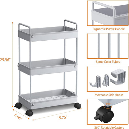 Ronlap 3 Tier Slim Rolling Storage Cart with Wheels Plastic Utility Cart Organizer for Snack Craft Art Postpartum Baby Diaper Nail Makeup in Bathroom Laundry Room Kitchen Bedside Narrow Space, White