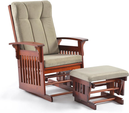Glider Rocking Chair with Ottoman Set, Solid Wood Nursery Glider Rocker with Padded Cushion, High Back Upholstered Swivel Glider for Living Room, Nursing, Reading, 280LBS Weight Capacity,Oak+Khaki