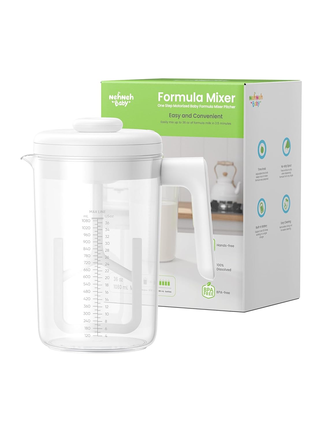 Electric Formula Pitcher, 36 oz Baby Formula Mixing Pitcher, Automatic Baby Formula Mixer, Bidirectional Stirring Breastmilk Pitcher, Locking Lid Smooth Formula Maker Milk Storage for Fridge（Green)
