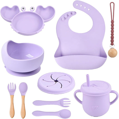 Silicone Baby Feeding & Weaning Set – Food-Grade Baby Led Weaning Supplies with Suction Plate, Bowl, Bib, Sippy Cup & Soft Spoon Fork – Dishwasher & Microwave Safe (Brown)