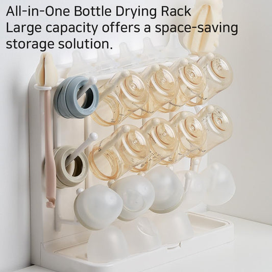 LUNELL Baby Bottle Drying Rack with 20 Hooks and Drip Tray, Large Space Saving Vertical Dryer Holder for Countertop, Storage Organizer for Pump Parts, Pacifiers, with Brush Holder, Ivory White