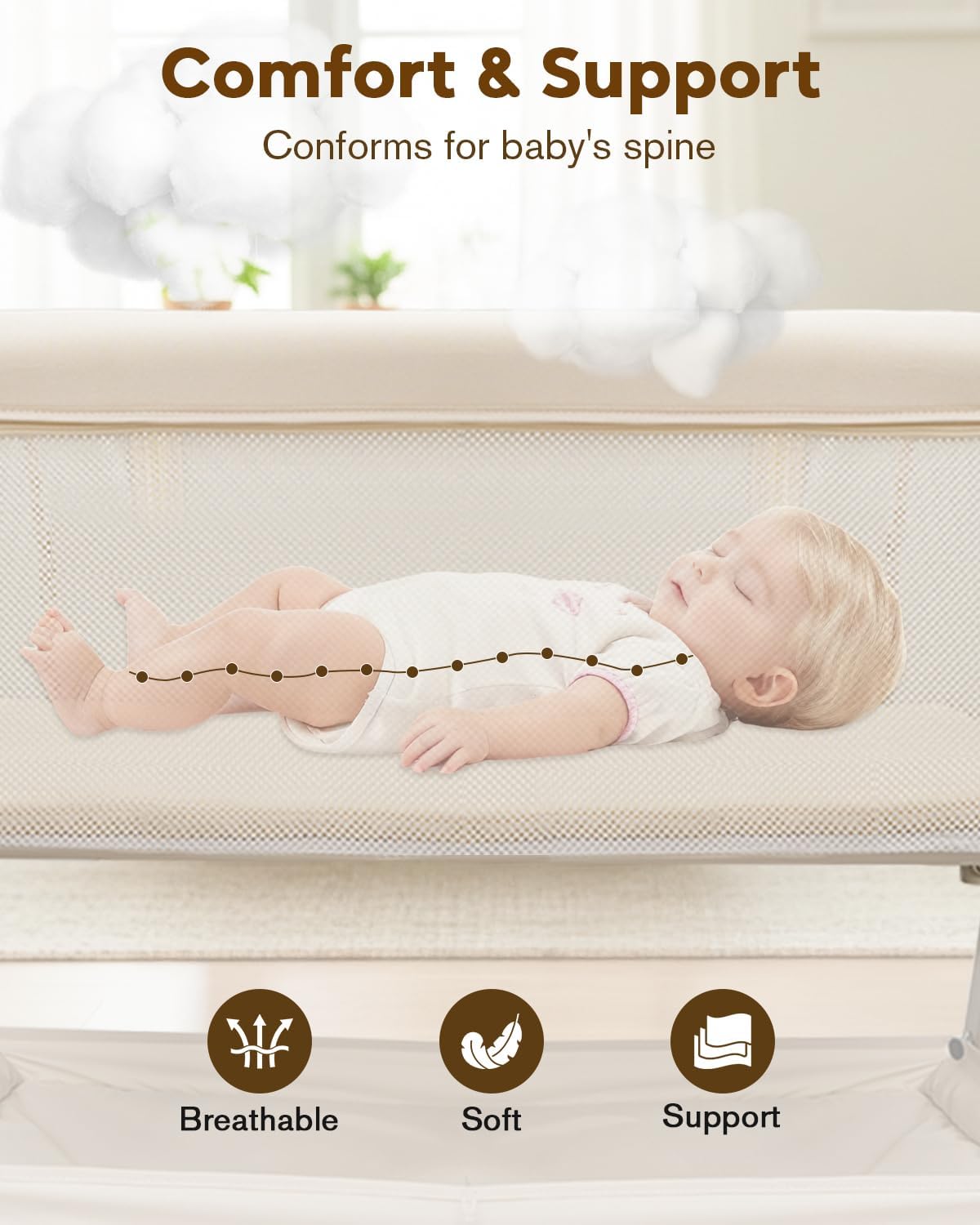 Baby Bassinet, Bedside Bassinet for Baby, Bassinet Bedside Sleeper with Mattress, Storage Basket and 4 Auto-Lock Wheels, Full-Mesh Sides, Bedside Mini Crib for Newborn (Beige)