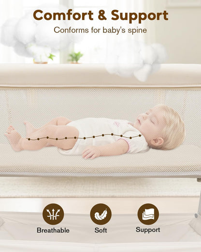 Baby Bassinet, Bedside Bassinet for Baby, Bassinet Bedside Sleeper with Mattress, Storage Basket and 4 Auto-Lock Wheels, Full-Mesh Sides, Bedside Mini Crib for Newborn (Beige)