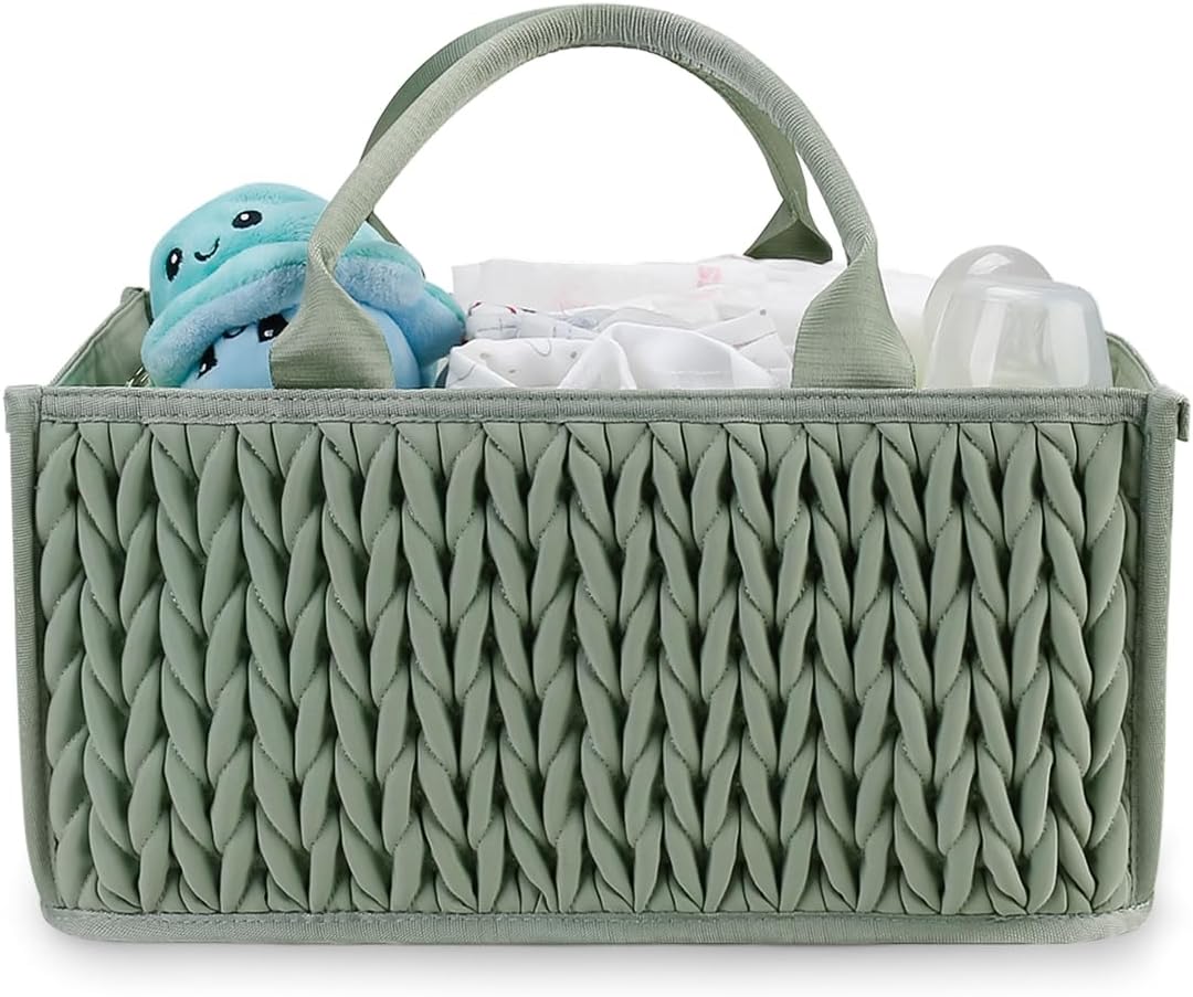 MOMIGO Baby Diaper Caddy Organizer - Fahion Mahua Water-resistent Nursery Storage Basket for Diapers and Baby Wipes, Diaper Stacker Car Organizer, newborn nursery Gift (Green)