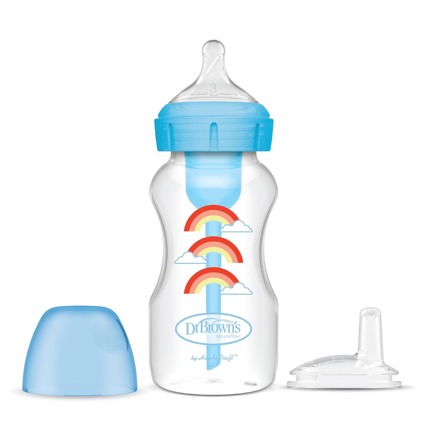 Dr. Brown's Anti-Colic Options+ Wide-Neck Sippy Bottle Starter Kit, 9oz/270mL, with Level 3 Medium-Fast Flow Nipple and Soft 100% Silicone Sippy Spout, Green, BPA-Free, 6m+, 2-Pack