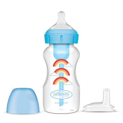 Dr. Brown's Anti-Colic Options+ Wide-Neck Sippy Bottle Starter Kit, 9oz/270mL, with Level 3 Medium-Fast Flow Nipple and Soft 100% Silicone Sippy Spout, Green, BPA-Free, 6m+, 2-Pack