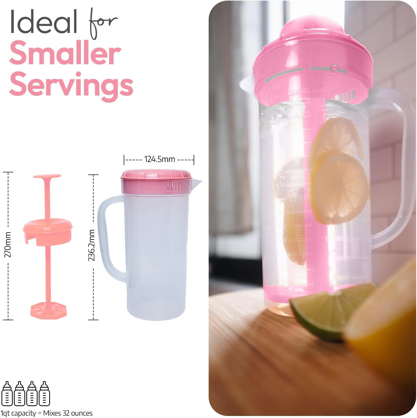 JBK Pottery 1 Quart Plastic Mixing Pitcher with Mixing Lid, BPA Free, Shatterproof Beverage Jug for Iced Tea, Lemonade, Juices, Milk – Leak-Proof, Easy Stirring, Dishwasher Safe | Blue
