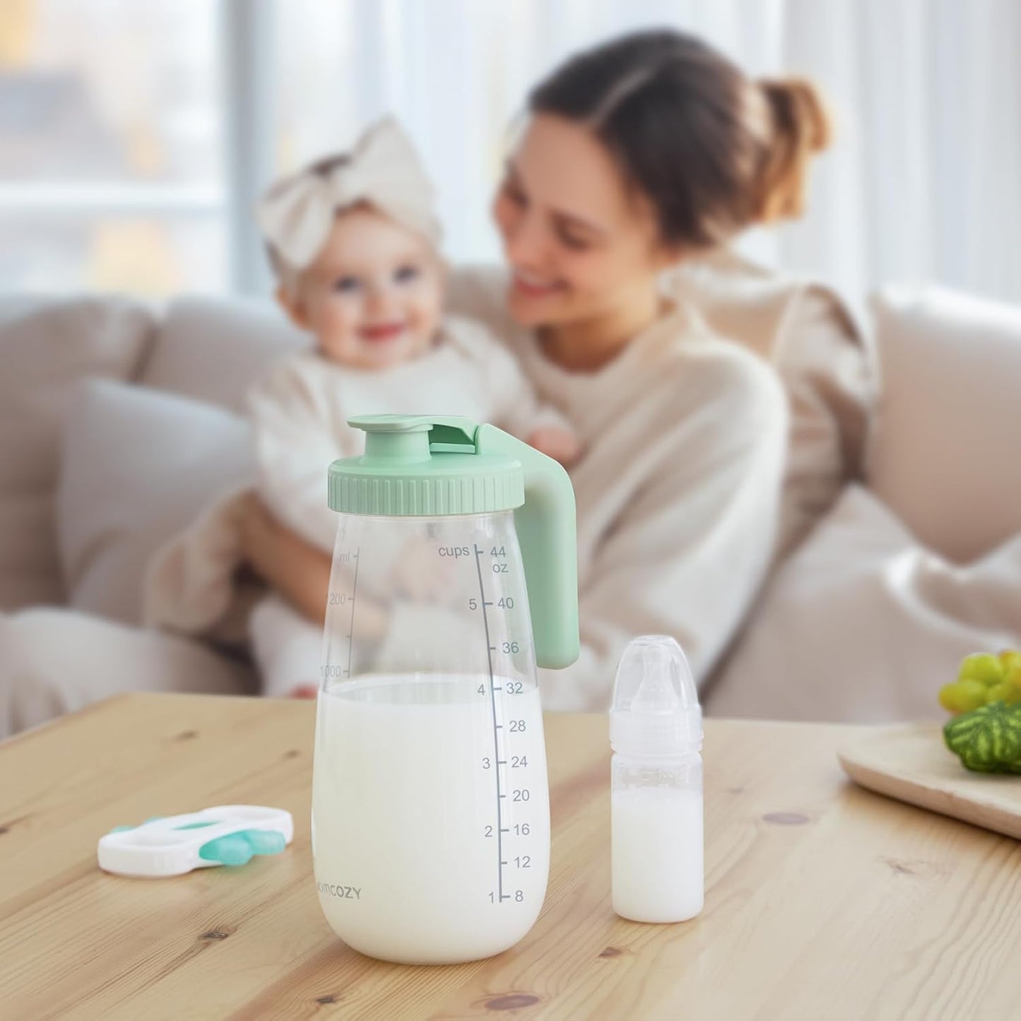 Momcozy Breast Milk Pitcher, Resistant to Heat and Cold Abrupt Temp Swings, No Leak Glass Breast Milk Fridge Storage Container with Wide Mouth, Fast Baby Formula Maker, Green
