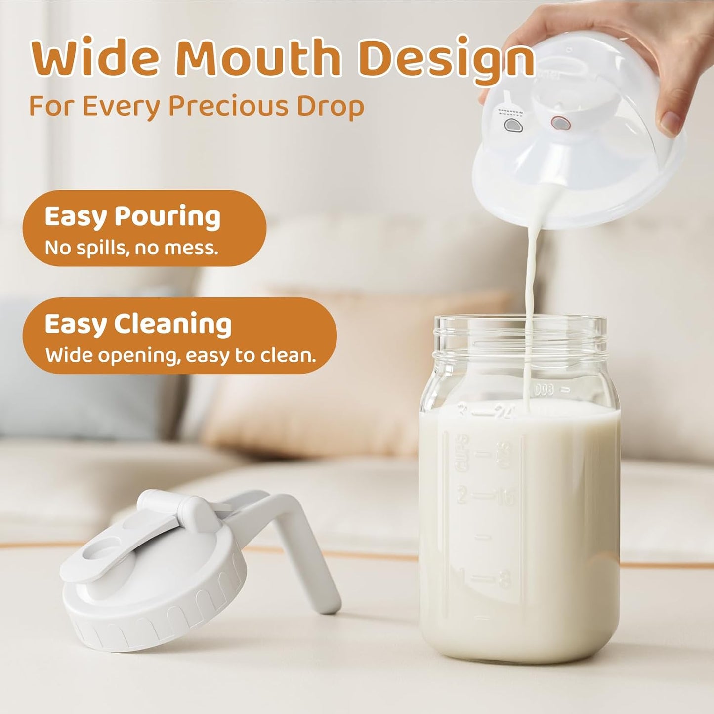 OneDream Breast Milk Pitcher 32oz Glass Pitcher with Lid, Formula Pitcher Leakproof Drip-Free Spout, Wide Mouth Mason Jar Pitcher for Easy Pouring, Dishwasher Safe Breastmilk Storage Pitcher