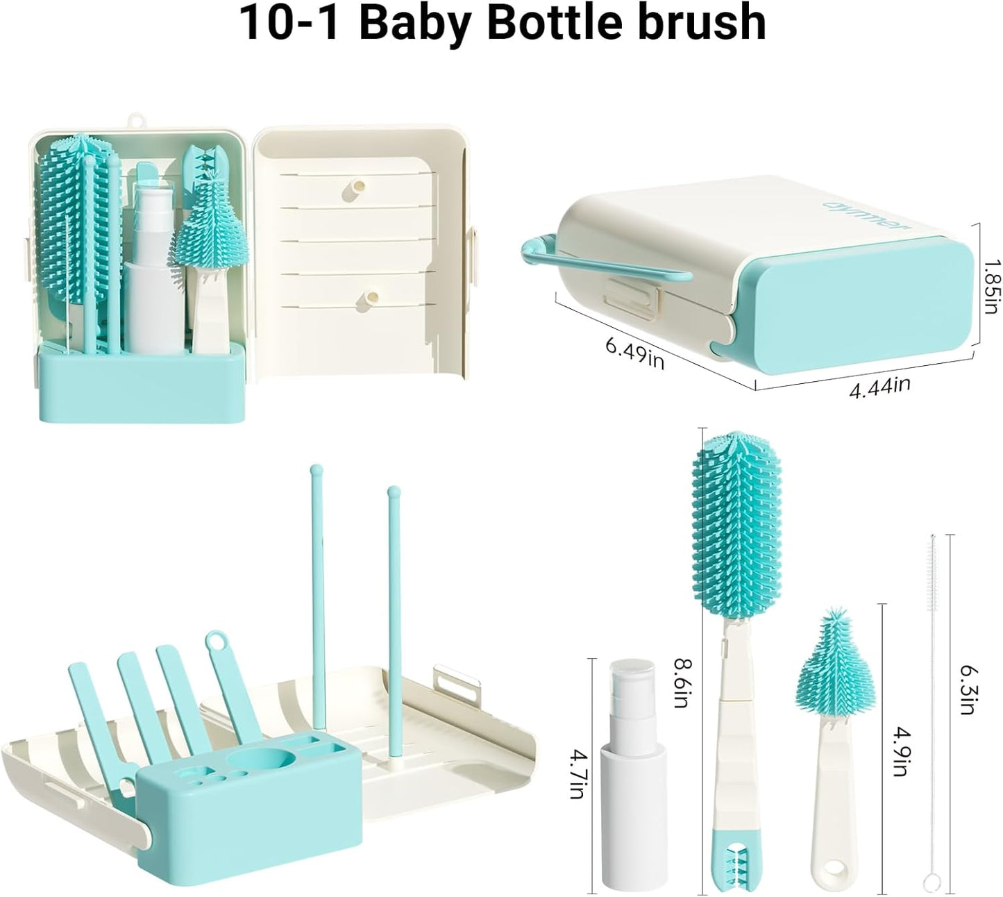 Aynmer Baby Bottle Brush, 10 in 1 Travel Baby Bottle Cleaner Brush Set with Silicone Brush, Nipple Brush, Straw Brush, Soap Dispenser, Portable Drying Rack, Breast Pump & Bottle Cleaning Kit - Pink