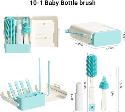 Aynmer Baby Bottle Brush, 10 in 1 Travel Baby Bottle Cleaner Brush Set with Silicone Brush, Nipple Brush, Straw Brush, Soap Dispenser, Portable Drying Rack, Breast Pump & Bottle Cleaning Kit - Pink
